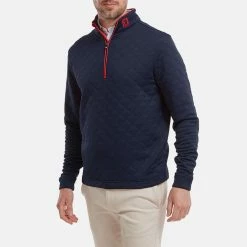 FootJoy Diamond Jacquard Chill-Out 1/4 Zip Golf Pullover -Golf Shoes Sales Store FootJoy SS22 Diamond Jacquard Chill Out 1 4 Zip Golf Sweater Navy Bright Red 88452 model 1